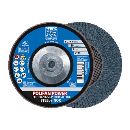 Pferd 7" x 5/8-11 Thd. POLIFAN Flap Disc - Z SG POWER STEELOX, Zirconia, 36 Grit, Flat 62287